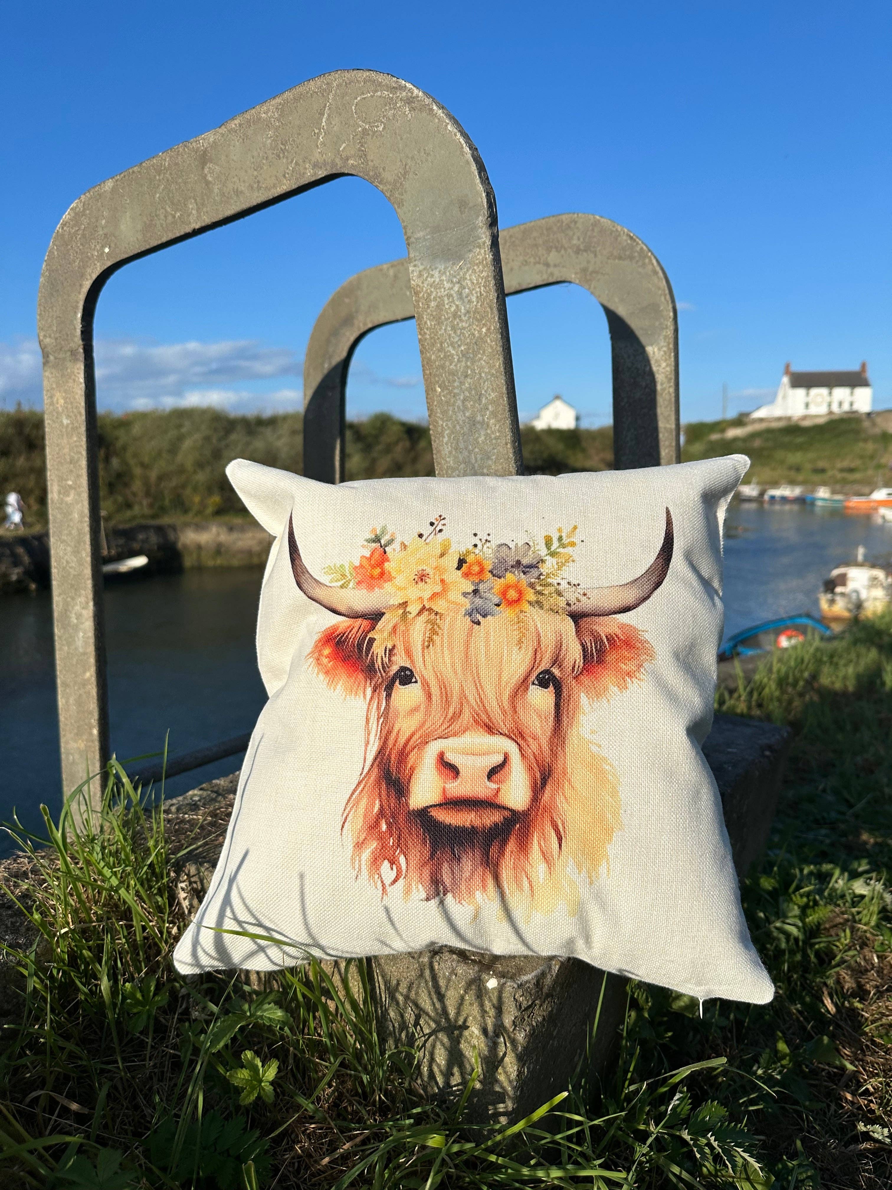 Cole Beach - Northumberland – wholesale Throw/decorative pillow – Druridge Bay Highland Cow Cushion