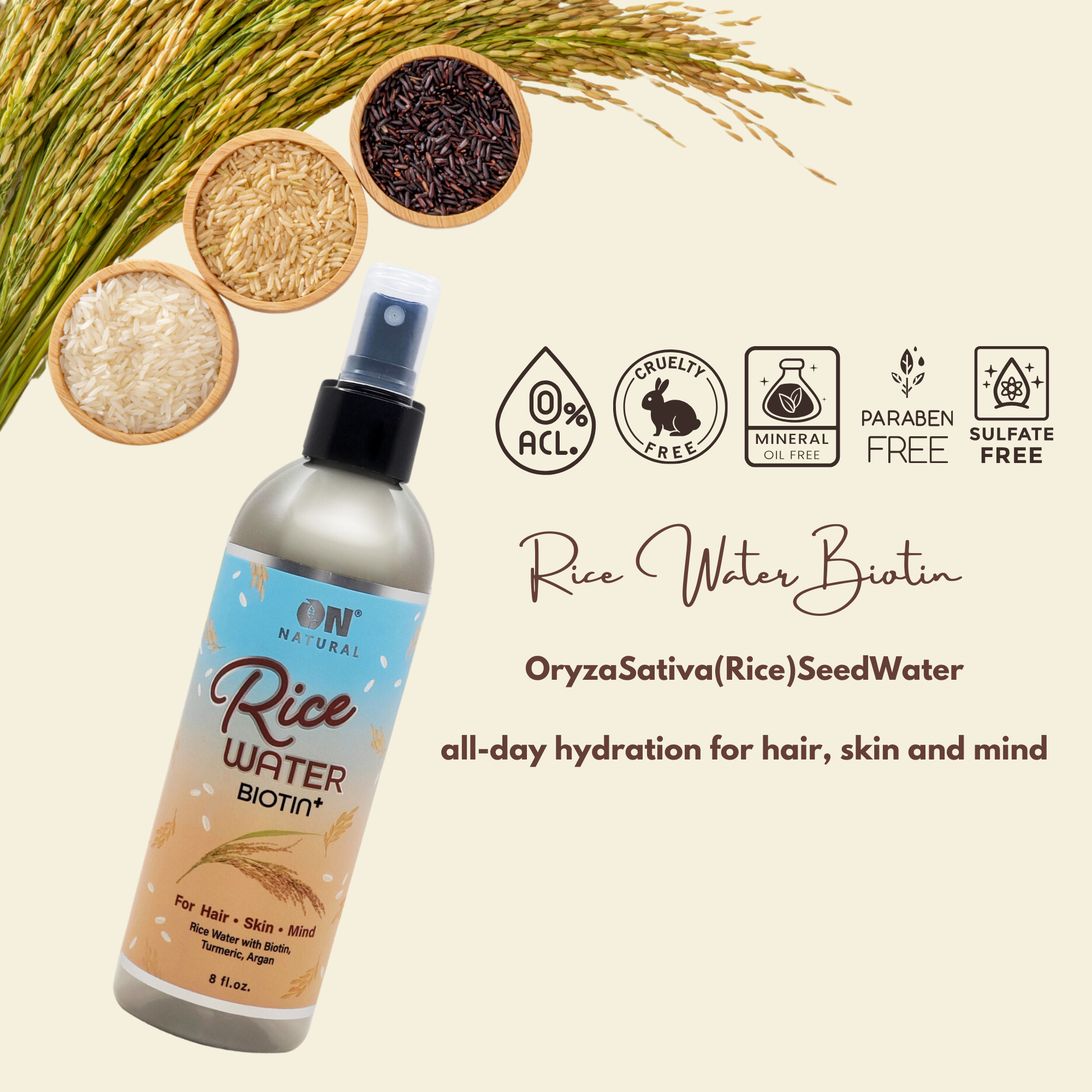 ON Natural USA - Vente Après-shampoings sans rinçage - ON NATURAL - Eau de riz [biotine] 8 oz1