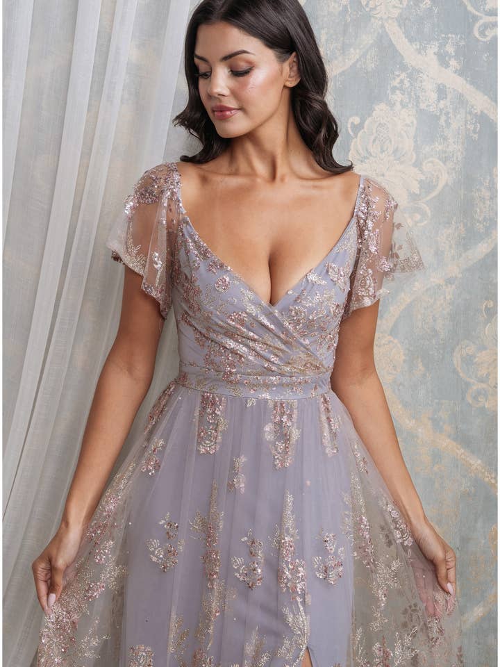 Rosemore Couture - Wholesale Gown - Women's - Glitter Sequined Flutter Sleeve Maxi Dress 5