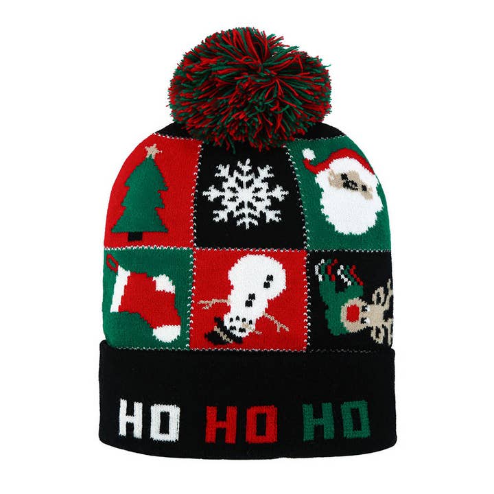 HO HO HO Kerstthema Patroon Pompon Wintermuts voor wholesale door Madeline Love