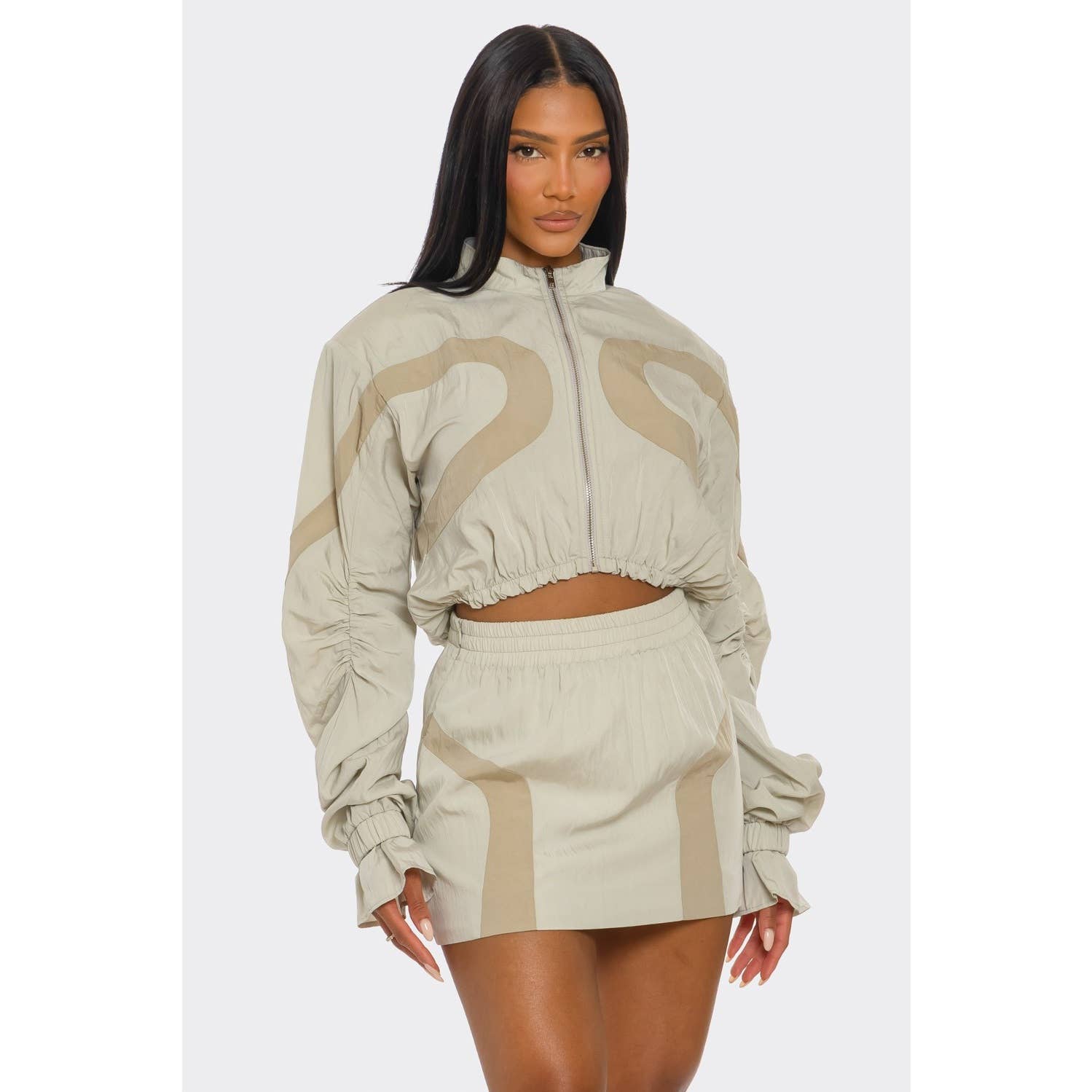 BEIGE Plus Two-tone Nylon Windbreaker Skirt Set for wholesale on Faire0