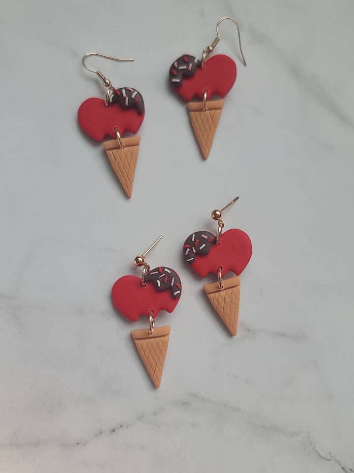 Ice cream heart earrings | Polymer Clay Jewelry | Dessert for wholesale by Beckys Creations