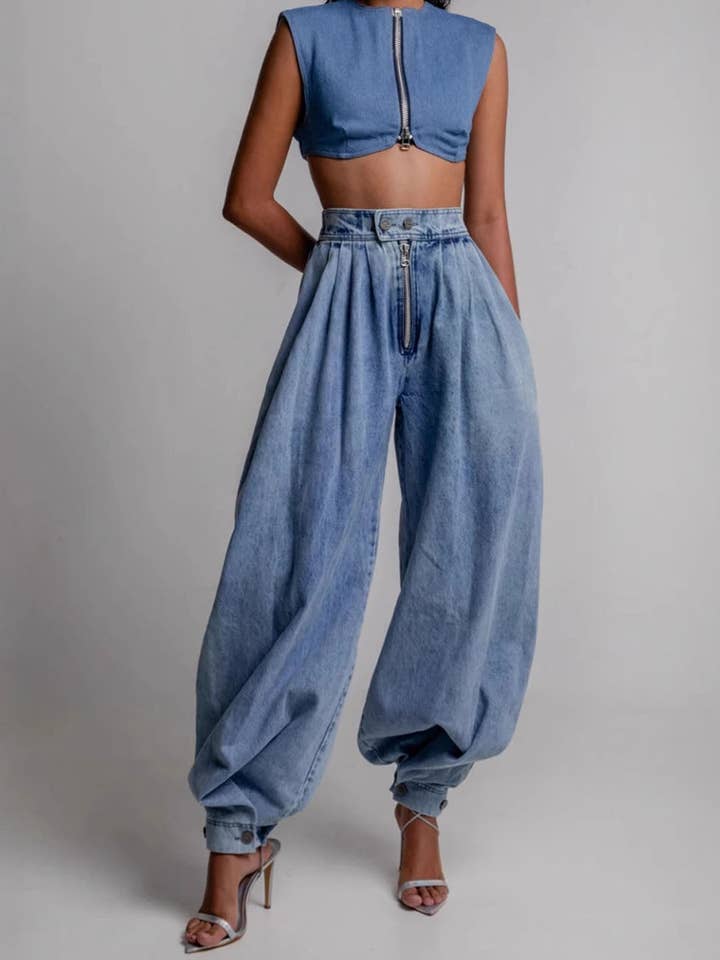 Pantaloni di jeans larghi a vita alta alla moda DP25G914 per la vendita all'ingrosso da parte di Dipped Shop