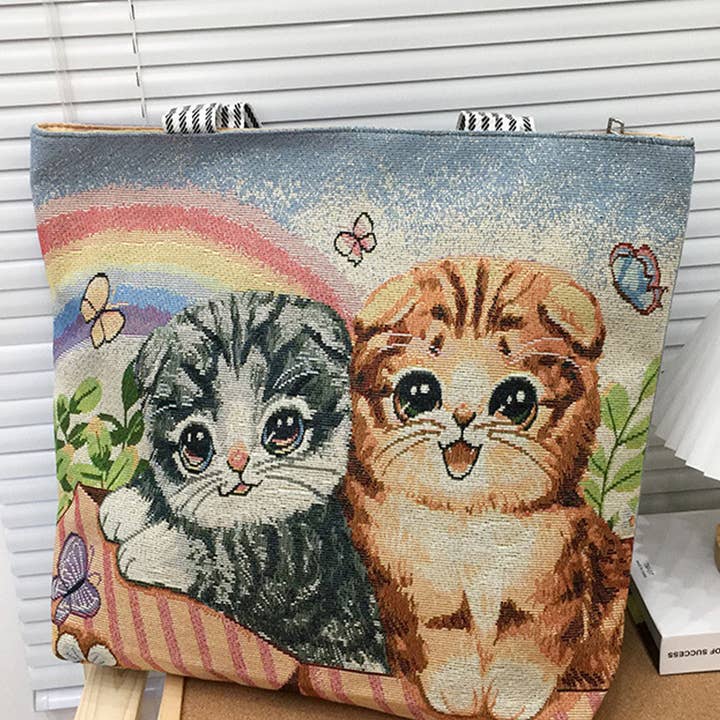 CUTE CAT EMBROIDERED CANVAS SHOULDER BAG TOTE BAG_CWAB1676 for wholesale by ACCITY