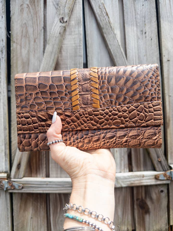 Embossed Croc Leather Clutch Wallet – Yellow or Red Stitch (The Alligator Alley) for wholesale by East Coast Carry