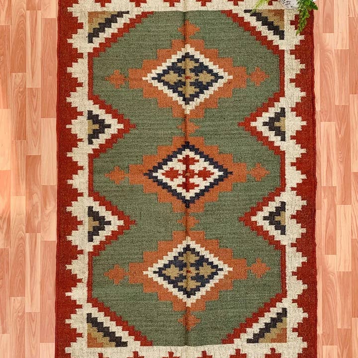 Handmade Wool Jute Rug, Navajo Kilim Rug, Aztec Rug, Accent for wholesale by Silmere LLC