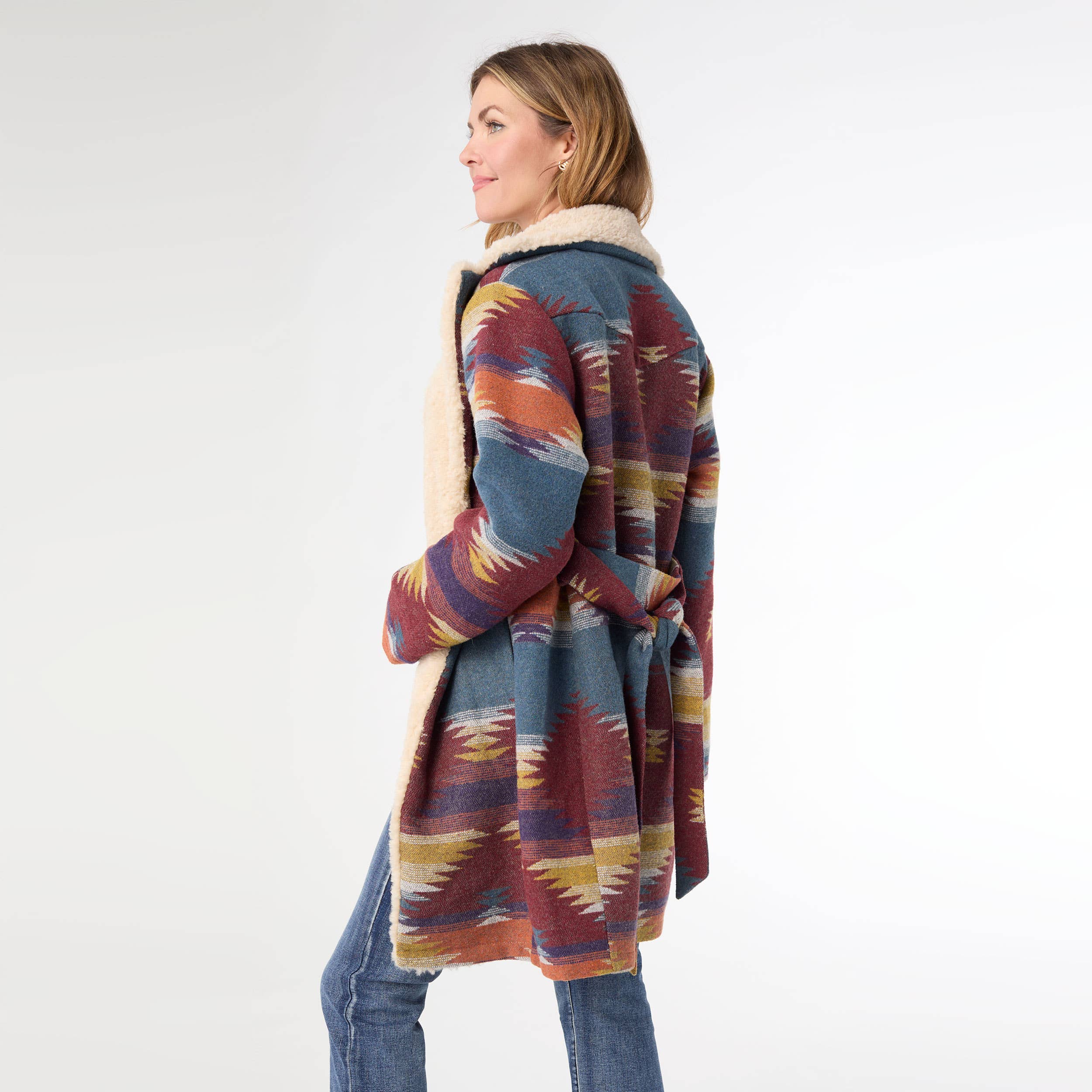 Rouille/Denim Surchemise imprimée aztèque ceinturée rubis en vente sur Faire3