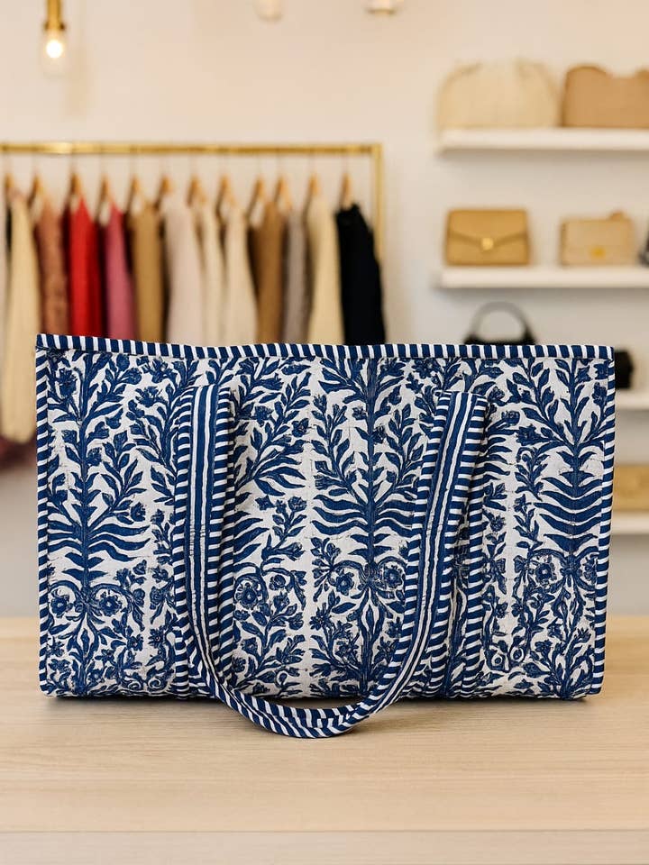 100% Cotton Kantha Quilted Boho Reversible (Small) Tote Bag for wholesale by Funky Yak Ltd