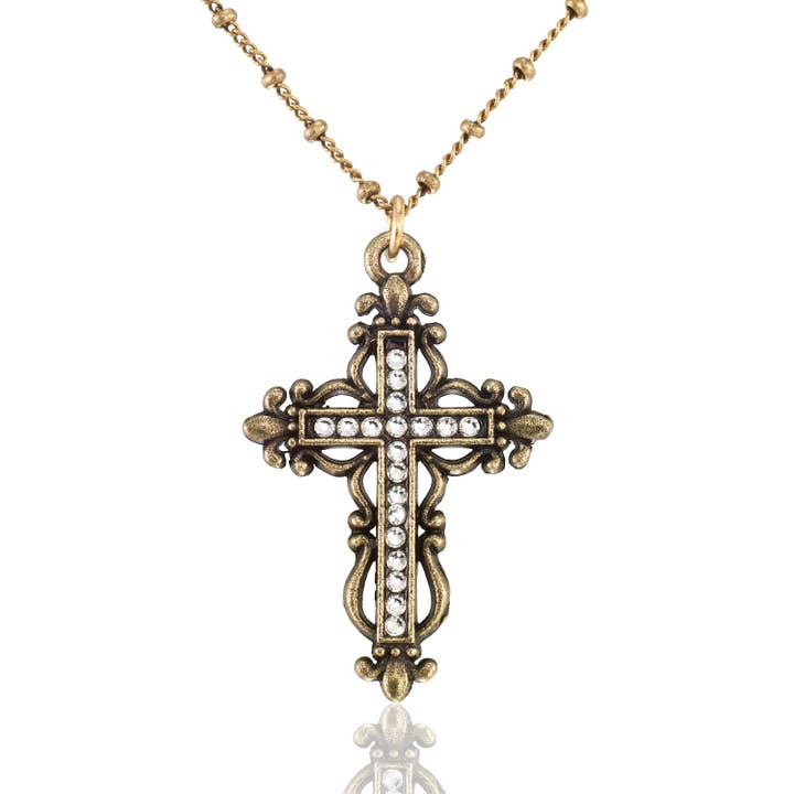 Collier Croix en Cristal de Dévotion Orné d'Inspiration Vintage pour la vente par Anne Koplik Designs, Inc.