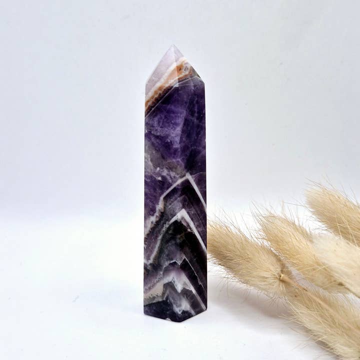 Moonlight Gemstones - Wholesale Spiritual Stone/Crystal - Gemstone Dream Chevron Amethyst Obelisk Tower - 10cm1