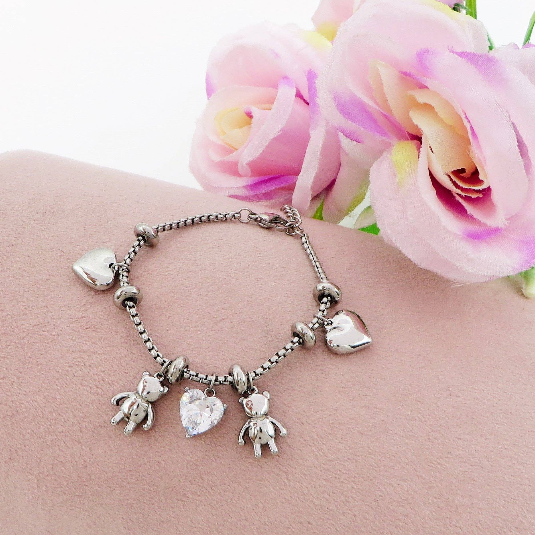 Daemon srls - Wholesale Charm/Dangle Bracelet - TEDDY - Bracciale con orsetti e cuori pendenti bombe' ACCIAIO INOSSIDABILE0