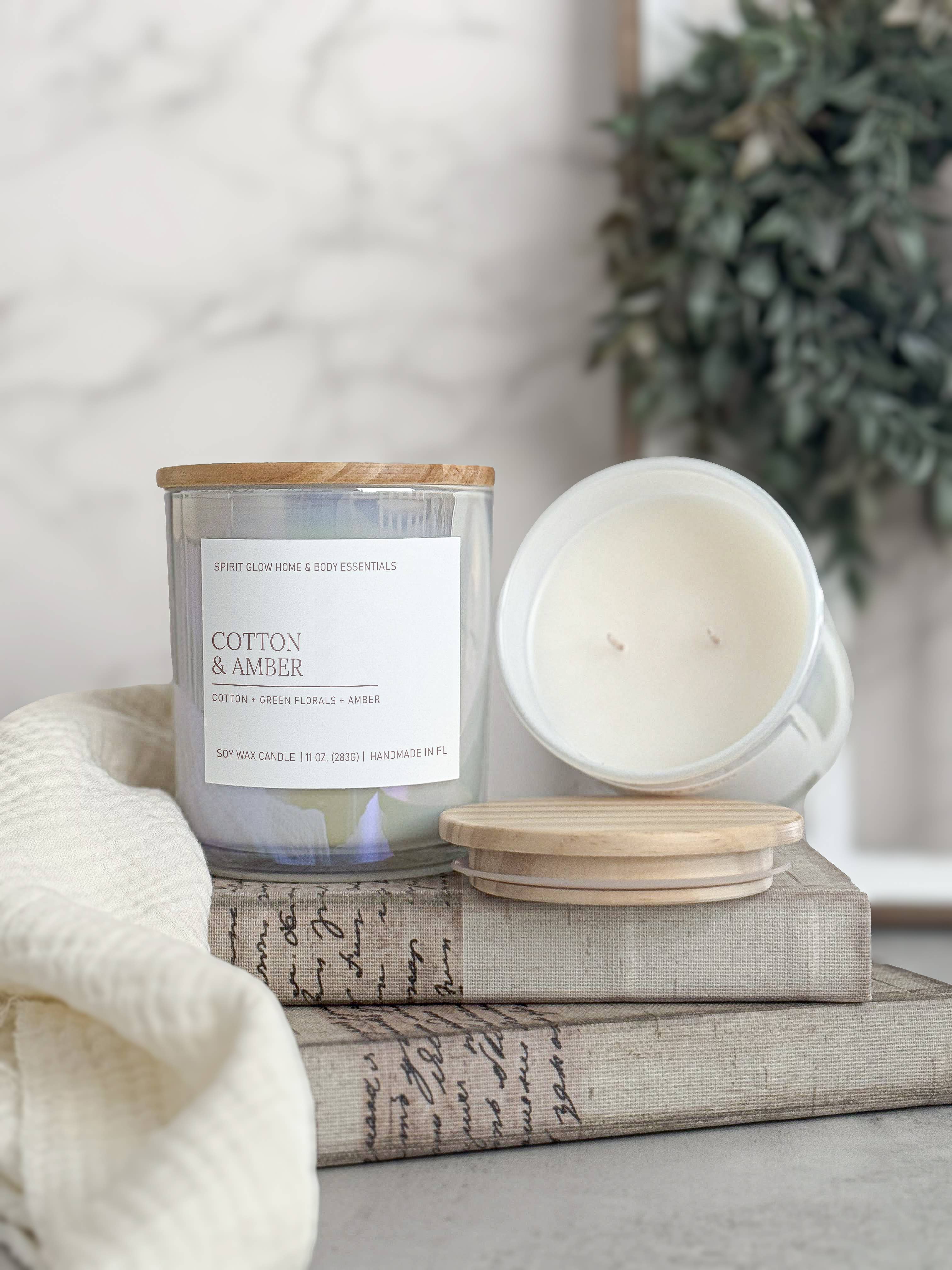 Spirit Glow Home & Body Essentials – wholesale Jar/filled candle – Cotton & Amber- 11oz. Iridescent White Glass Soy Wax Candle 1