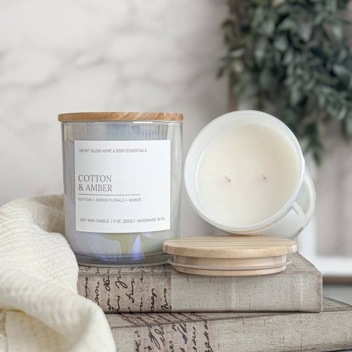 Spirit Glow Home & Body Essentials – wholesale Jar/filled candle – Cotton & Amber- 11oz. Iridescent White Glass Soy Wax Candle 1