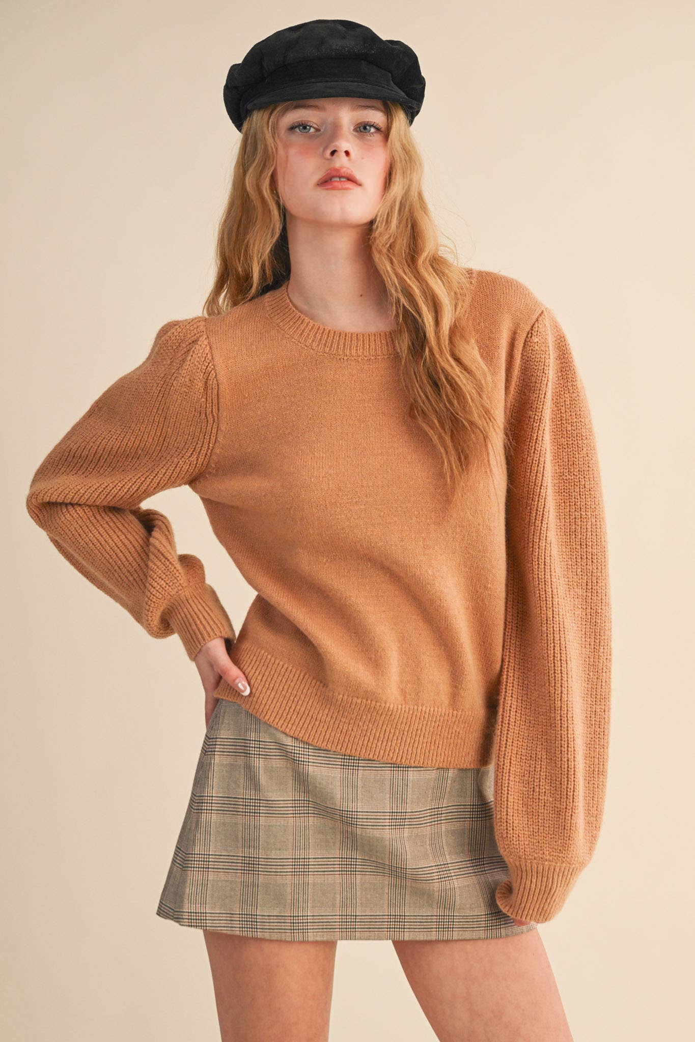 &MERCI - Wholesale Knit Sweater - Women's - RIBBED PUFF SLEEVE SWEATER MSW1095138