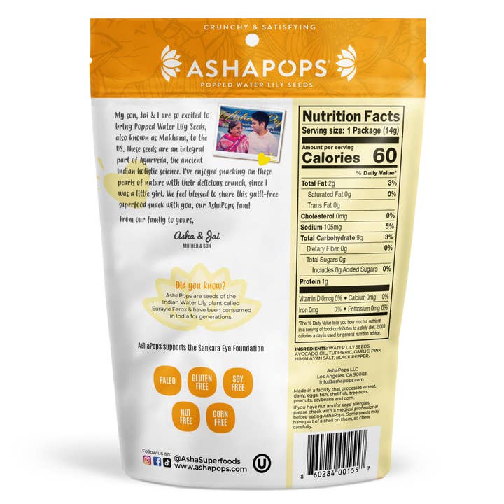 AshaPops - Wholesale Puffed Snack - 0.5oz Turmeric Garlic - AshaPops Popped Water Lily Seeds