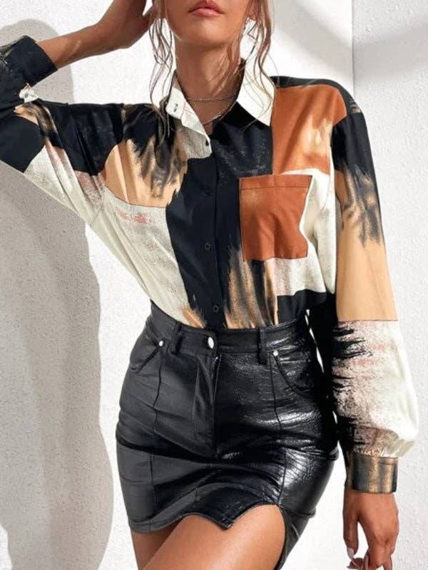 BLACK Long Sleeves Loose Asymmetric Printed Split-Joint Lapel Blouses&Shirts Tops for wholesale on Faire2