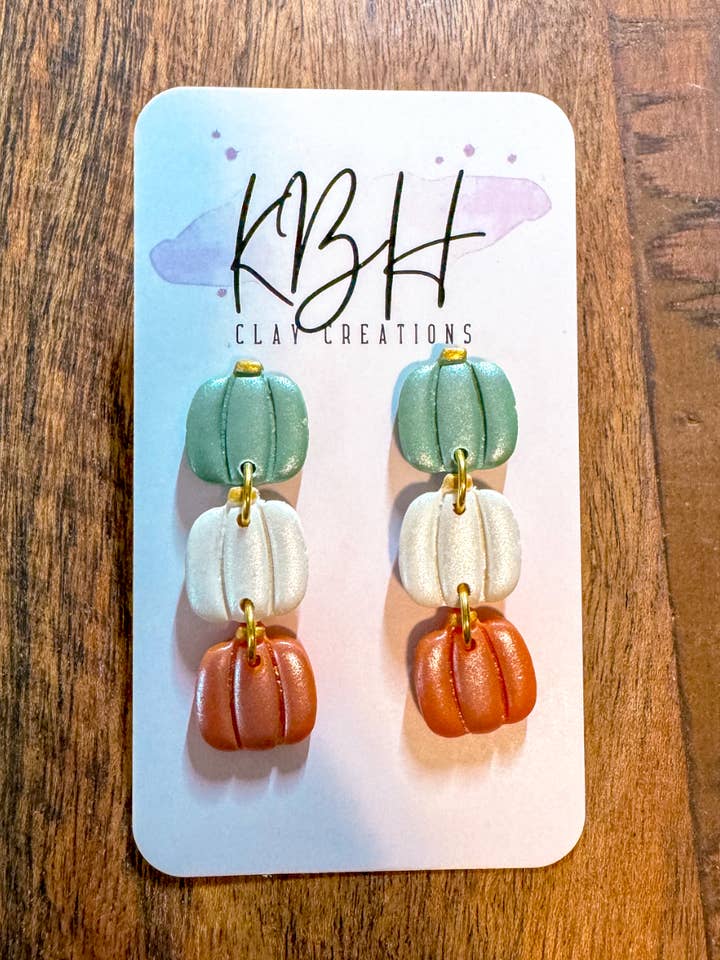 Green, White and Orange Pumpkin Dangle Clay Earrings for wholesale by KBH CREATIONS