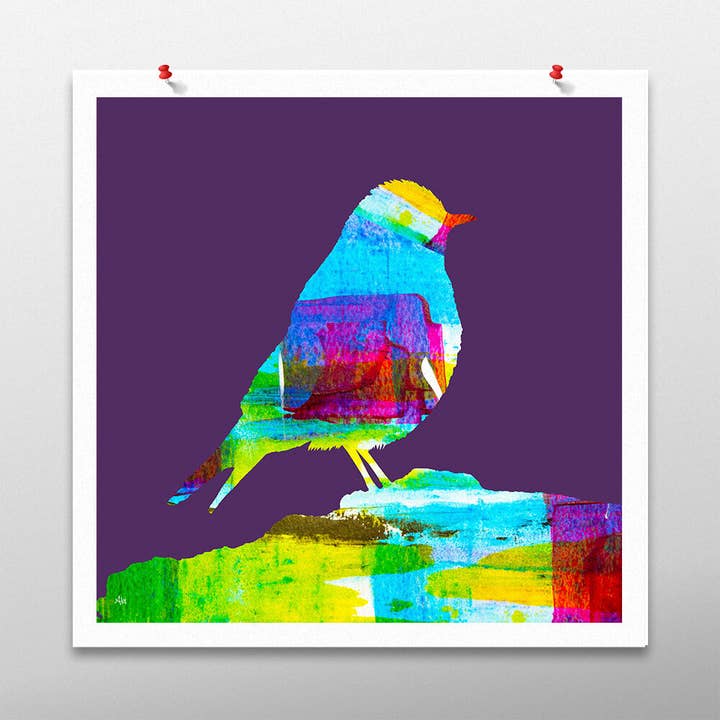 Œuvre d'art colorée en forme d'oiseau, décoration murale violette, sans cadre pour la vente par Studio byAbi