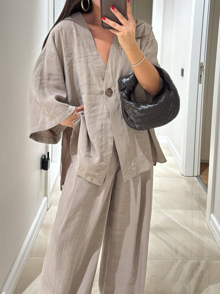 Solid Color Casual Cardigan Top And Pants Set for wholesale by Rosa Clothing