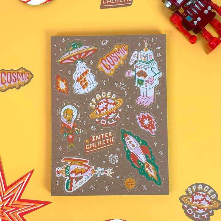 Vintage Cosmic Sticker Sheet - Set of 11 Retro Space Sticker for wholesale by Jacqueline Colley