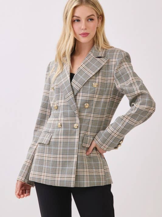 Blazer à double boutonnage à manches longues à carreaux pour la vente par MintChoco
