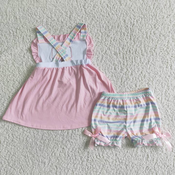 Yawoo Garments - Wholesale Top & Short Set - Kids - Popsicle embroidery stripe shorts girls summer clothes3