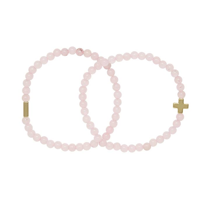 Rose Quartz & Gold Elastic Bracelet Set of 2 for wholesale by CHARGED