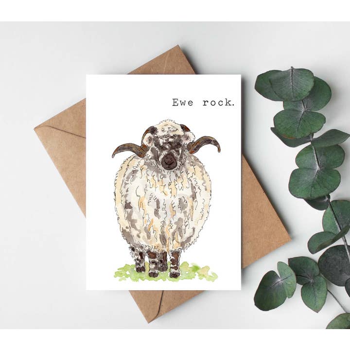 Black And White Ewe Sheep "Ewe Rock." 5x7" Greeting Card for wholesale by Okie Watercolors