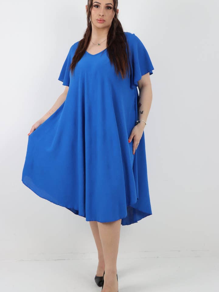 Italian Plain V neck Umbrella Swing Midi Dress for wholesale by Miss Bold