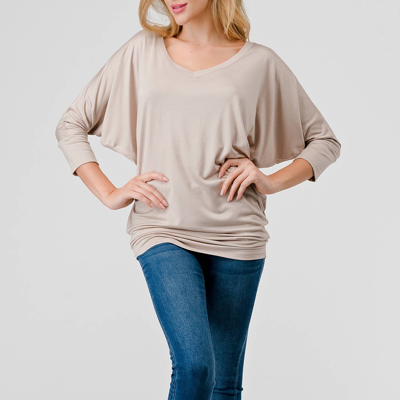 Heimious - Wholesale Knit Top - Women's - 3/4 Dolman Sleeve V-neck Modal Jersey Top, 257328