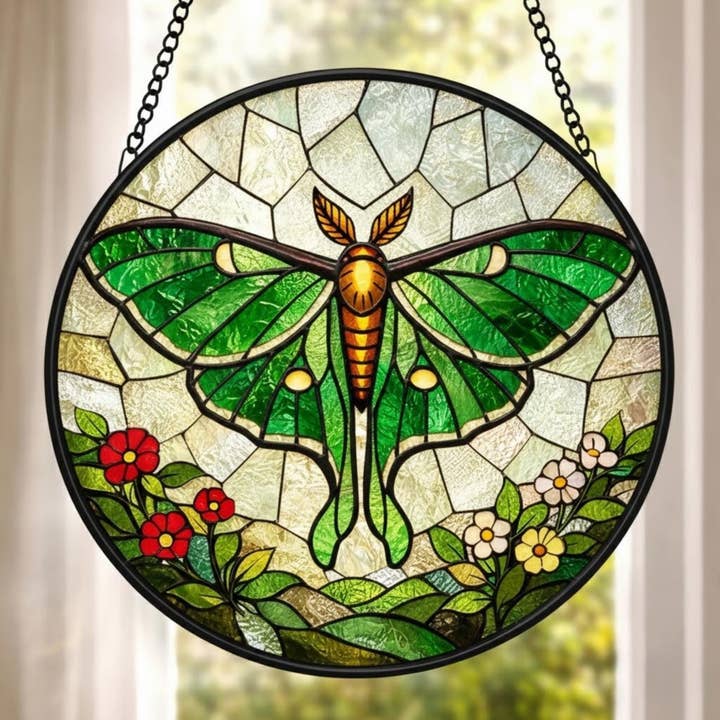 Green Luna Moth Stained Glass Suncatcher, Butterfly Hanging for wholesale by TMLECOM LTD