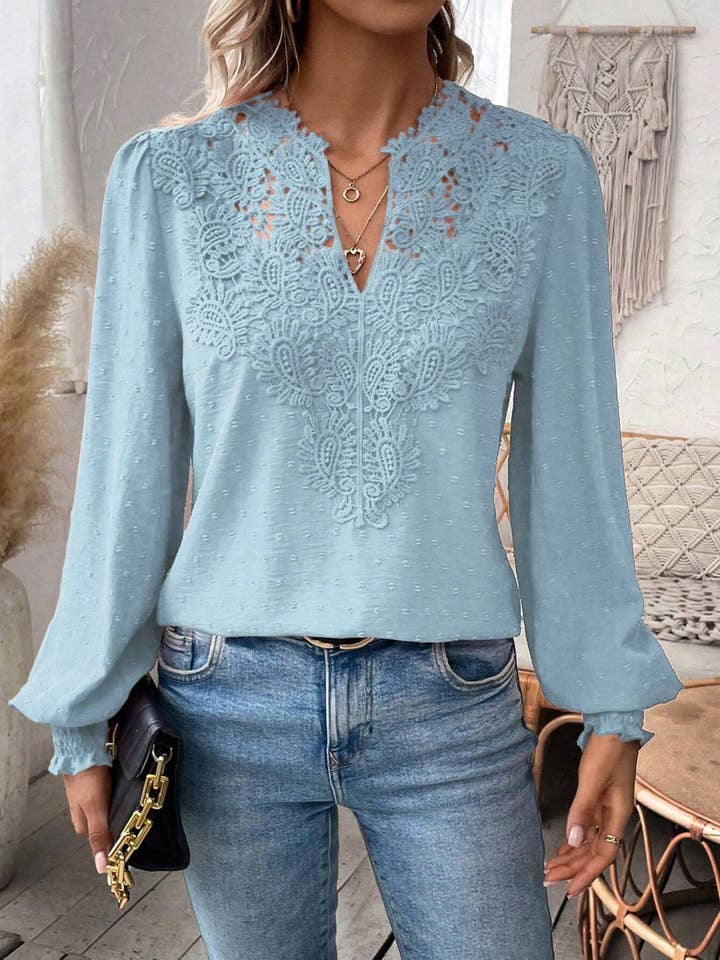 Wholesalesir - Wholesale Blouse - Women's - Fashionable V-neck Lace Solid Color Long Sleeved Top2