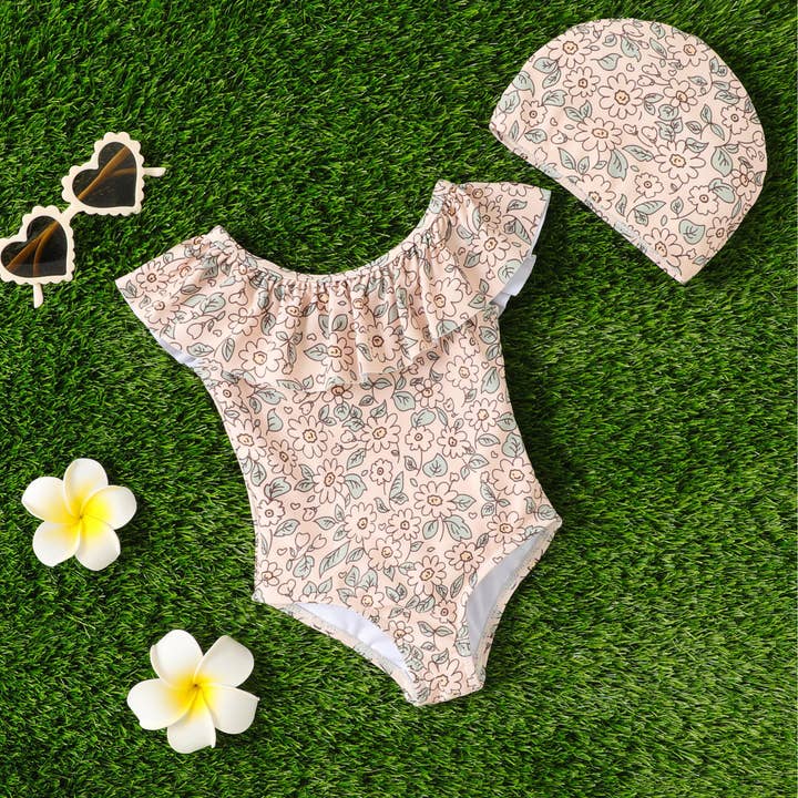 Apricot 2pcs Baby Girl's Sweet Plants Floral Ruffle Swimwear for wholesale on Faire