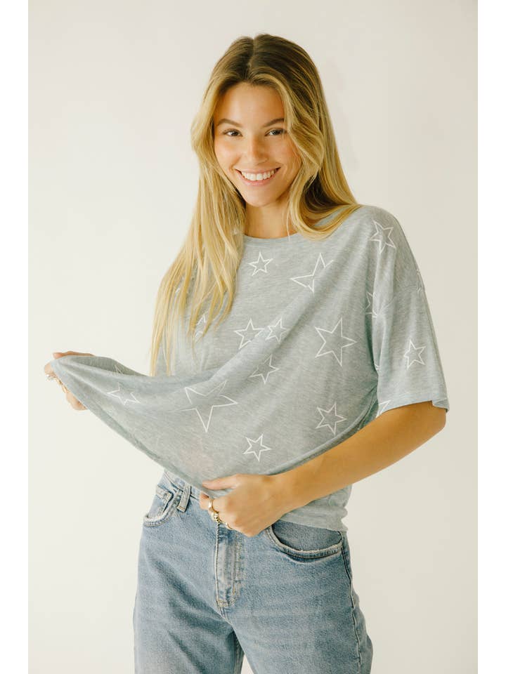 Blue White BT2049- Star Outline Print Boxy T-shirt for wholesale on Faire
