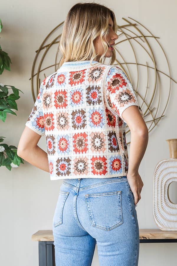 miroh - Vente Haut en maille – femme - Haut boutonné en crochet à motif floral6