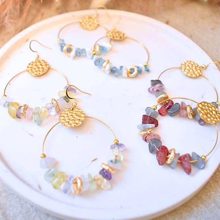Boucles d'Oreilles en pierres naturelles citrine - améthyste pour la vente par Minéralissime