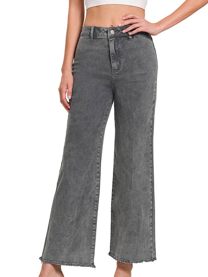 42POPS - Vendita all'ingrosso Jeans - Donna - ",,...._ Pantaloni Dritti a Gamba Larga con Orlo Sfrangiato e Lavaggio Acido1