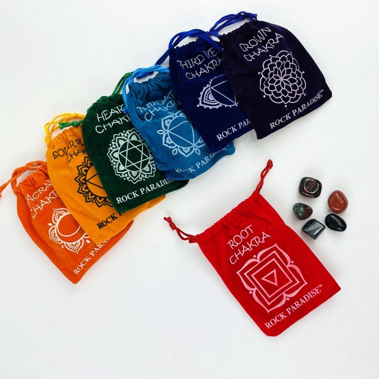 Rock Paradise - Wholesale Spiritual Stone/Crystal - Crystal Chakra Plush Pouch with Info Card & Tumbled Stones17