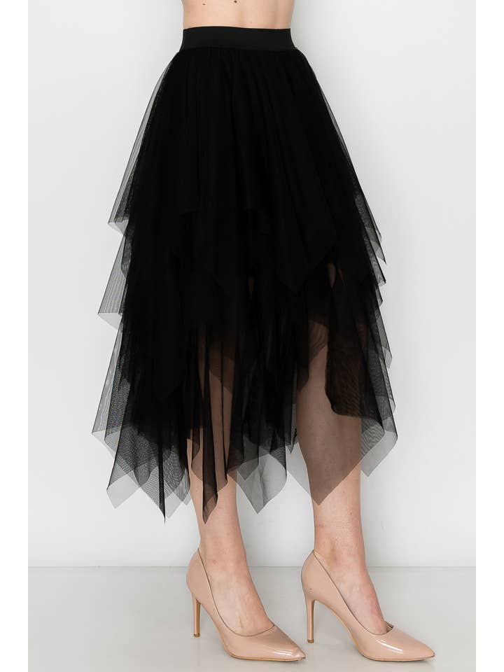 Origami Apparel ~ Lace and Crochet inspired - Wholesale Skirt - Women's - Dreamy Tiered Tulle Midi Skirt With Floaty Hem - 4546 BK1