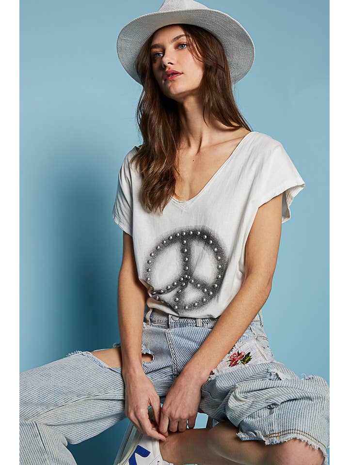 Pol Clothing - Wholesale T-Shirt - Women's - Dropped short sleeve studded peace emblem tee SALE
