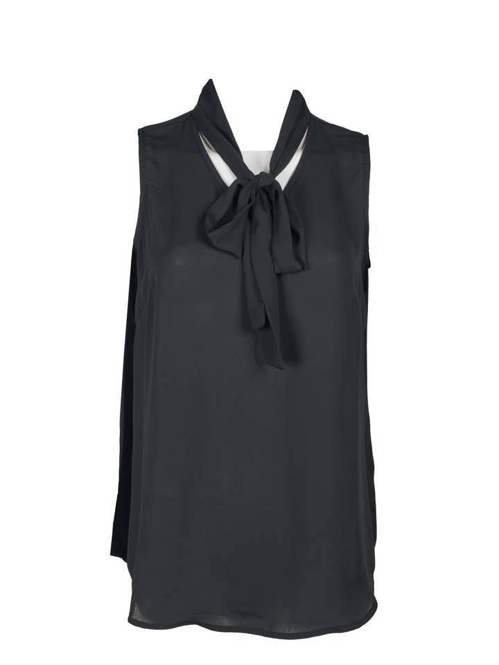 Haut en crêpe lavable en polyester tissé uni sans manches avec nœud au cou Adrianna Papell pour la vente par Immediate Apparel