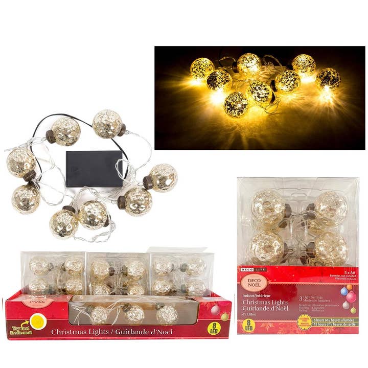 Christmas 8 LED B/O 6' Gold Mercury String Lights, 9/dsp for wholesale by Truu Design