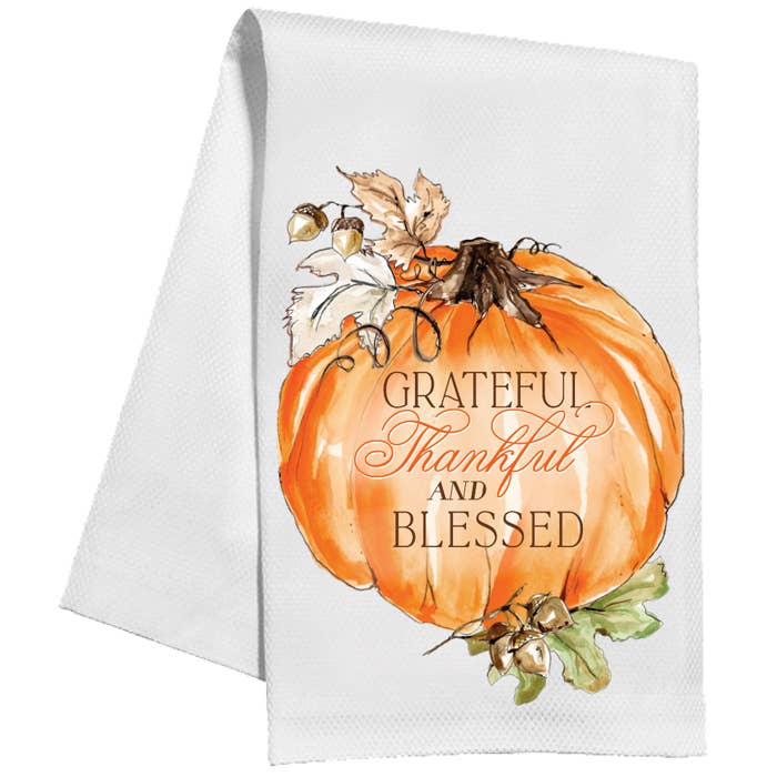 Grateful Thankful Blessed Orange Pumpkin Kitchen Towel for wholesale by RosanneBeck Collections