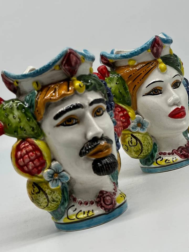 Pair of Moorish Heads Fruit SC Caltagirone Ceramics cm H.14 L.11 Handmade for wholesale by DD Ceramiche Siciliane
