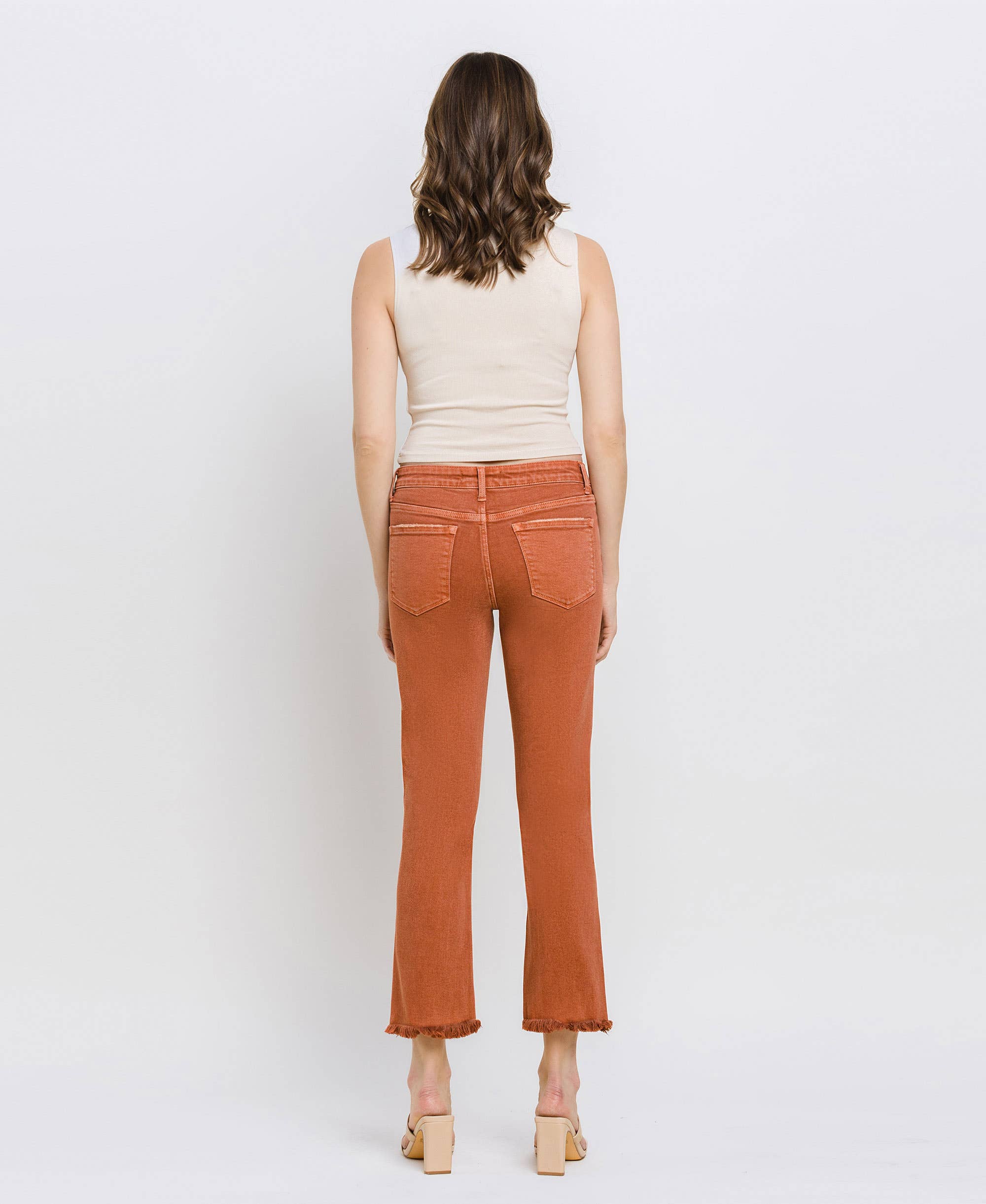 BAKED CLAY MID RISE FRAYED HEM CROP SLIM STRAIGHT JEANS V3500BKC for wholesale on Faire7