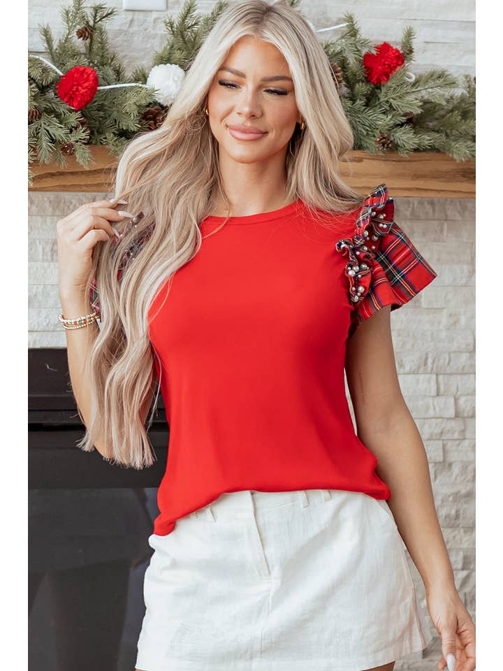 PRETTY BASH – wholesale T-shirt (utan tryck) – Dam – Rutig lappverk pärla t-shirt med volangärmar4