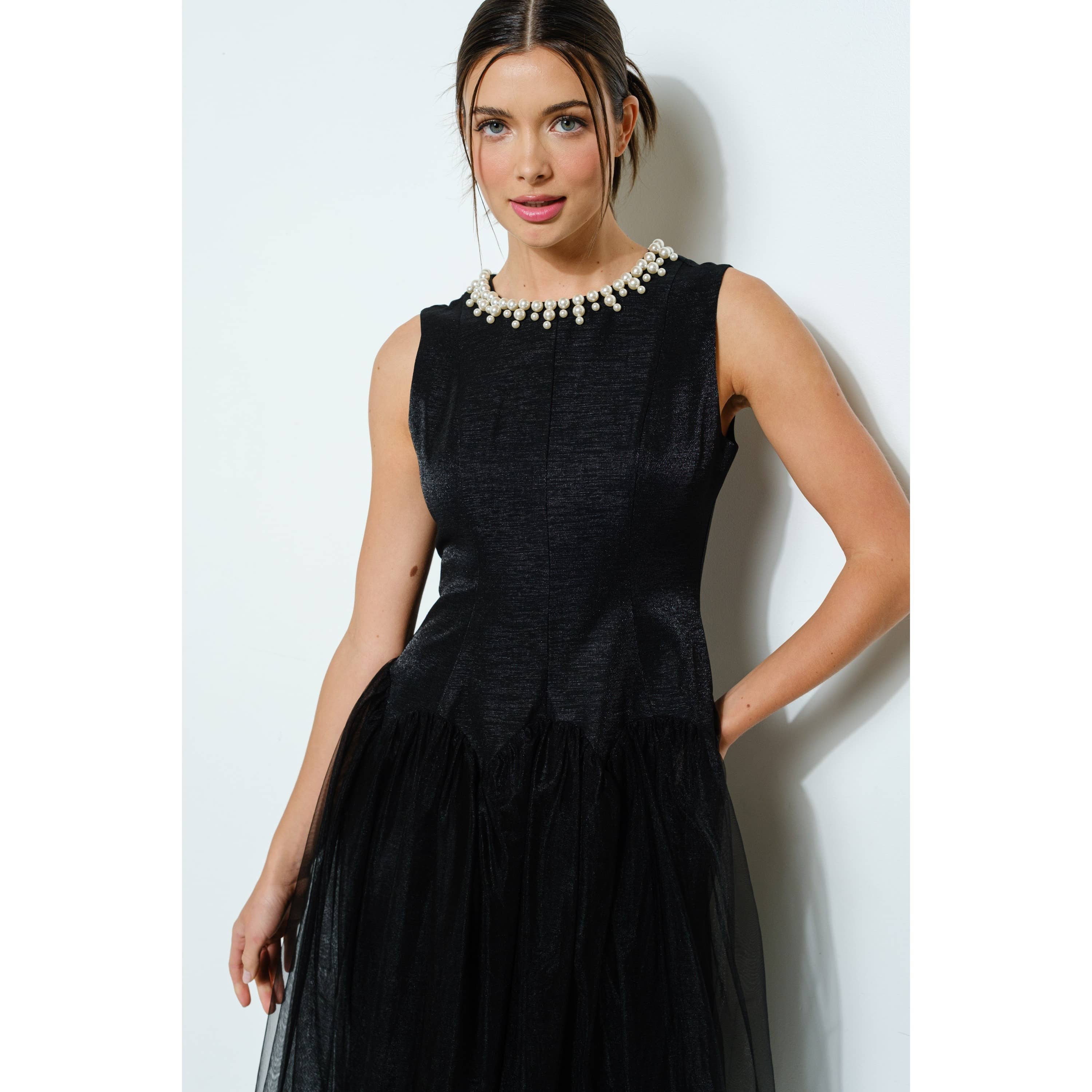 INA - Wholesale Dress - Women's - Pearl Embellished Sheer Tulle Midi Dress2