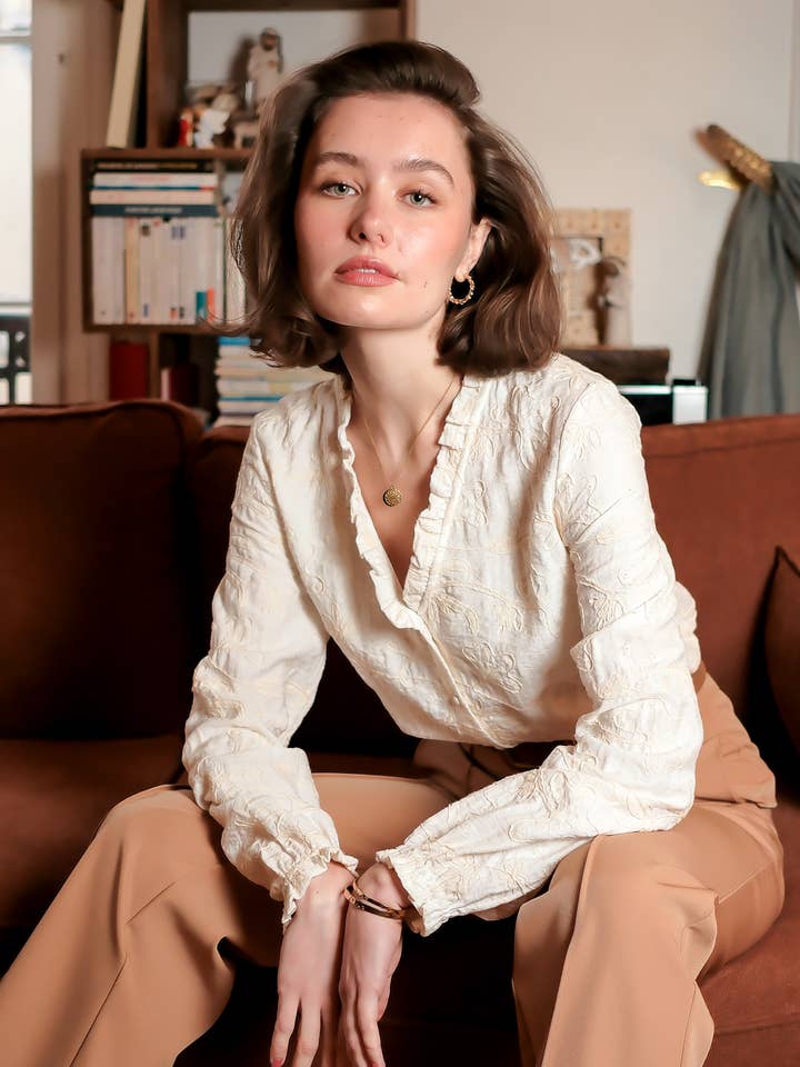 White Embroidered V-neck ruffled blouse - 4861T-GWENDOLYN for wholesale on Faire4