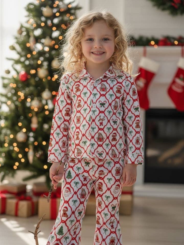 Santa & teddy bear coquette printed pajamas. GLP080716-sol for wholesale by Kids Charm Online