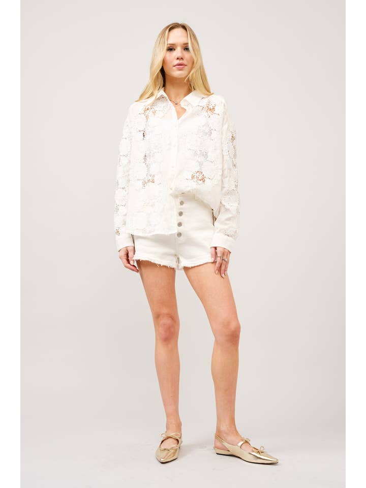 OFF WHITE 41001T - Crochet Lace Linen Blend Button-Up Blouse for wholesale on Faire6